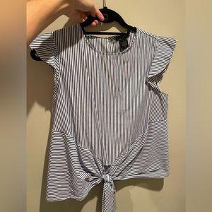 Aqua brad top with ruffled shoulder and blue and white stripes